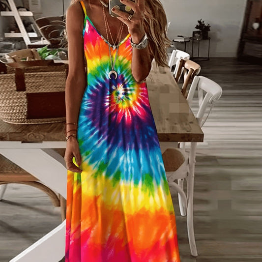European and American Women'S Clothing Summer New Suspender Printed Maxi Dress
