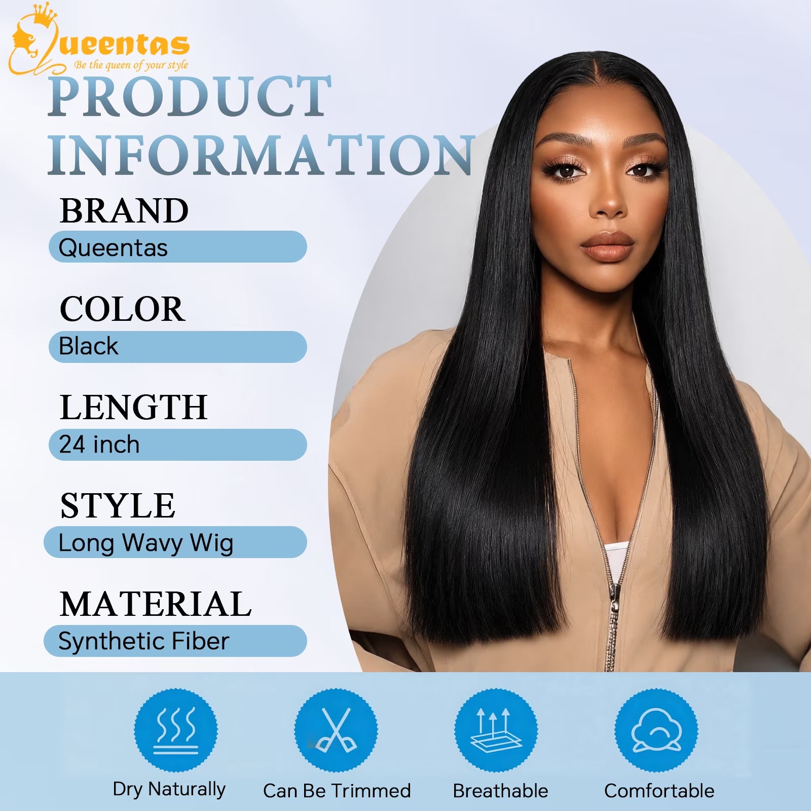 24-Inch Glueless Straight Synthetic Wig Heat-Resistant Pre-Plucked