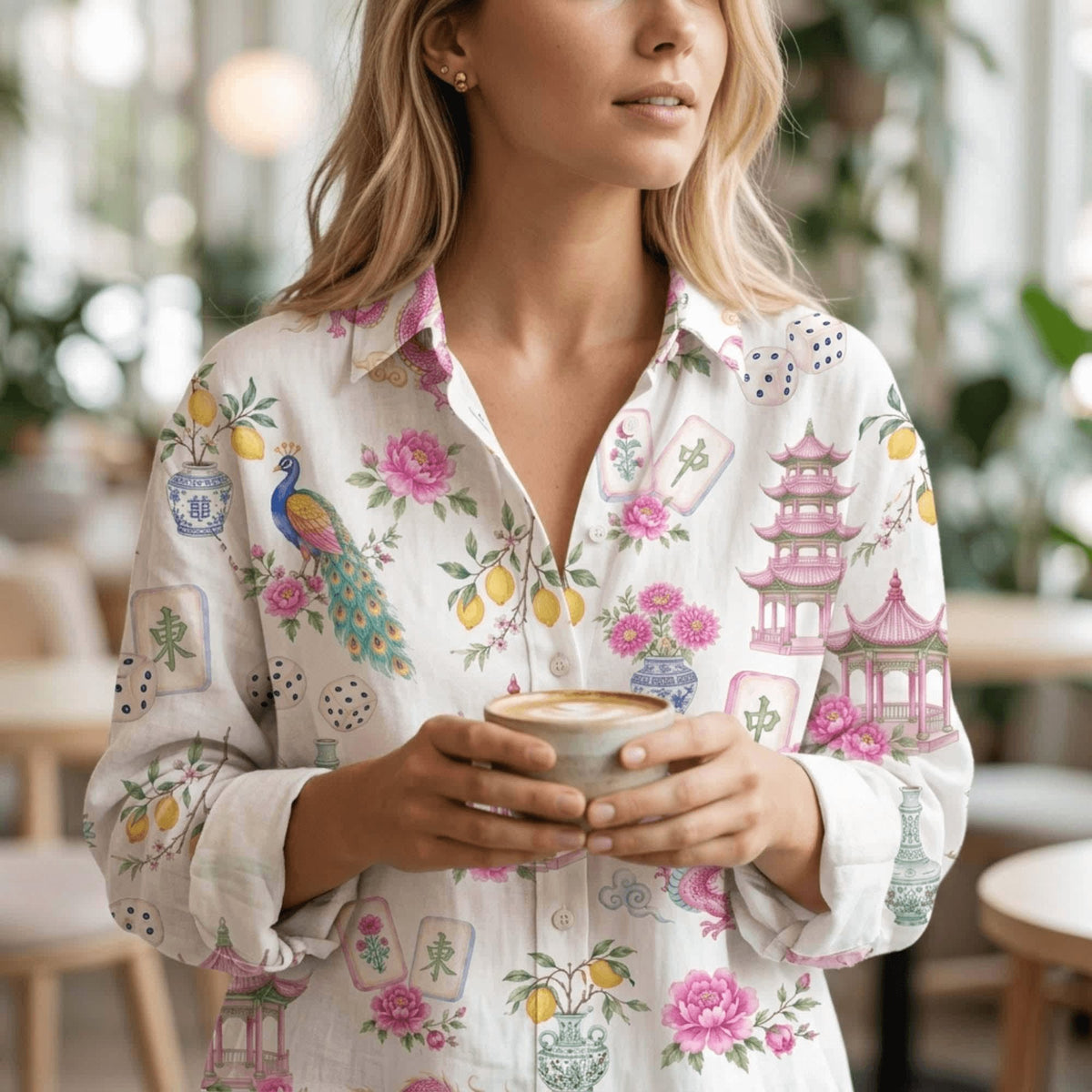 Women's Retro Mahjong Blouse Chinoiserie Button Down Long Sleeve Shirt