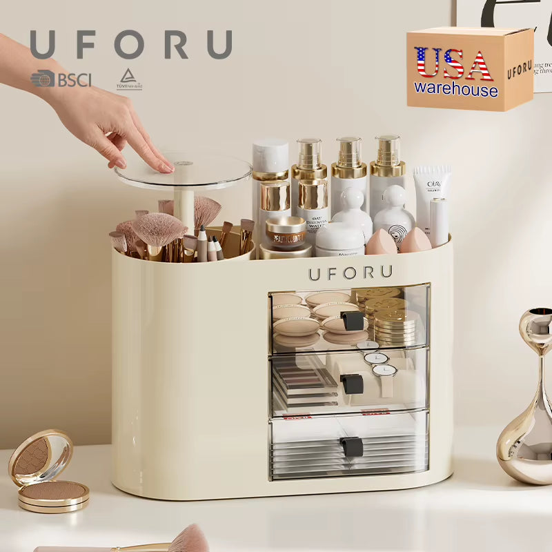 UFORU Makeup Brush Organizer with Drawers Adjustable Height Case