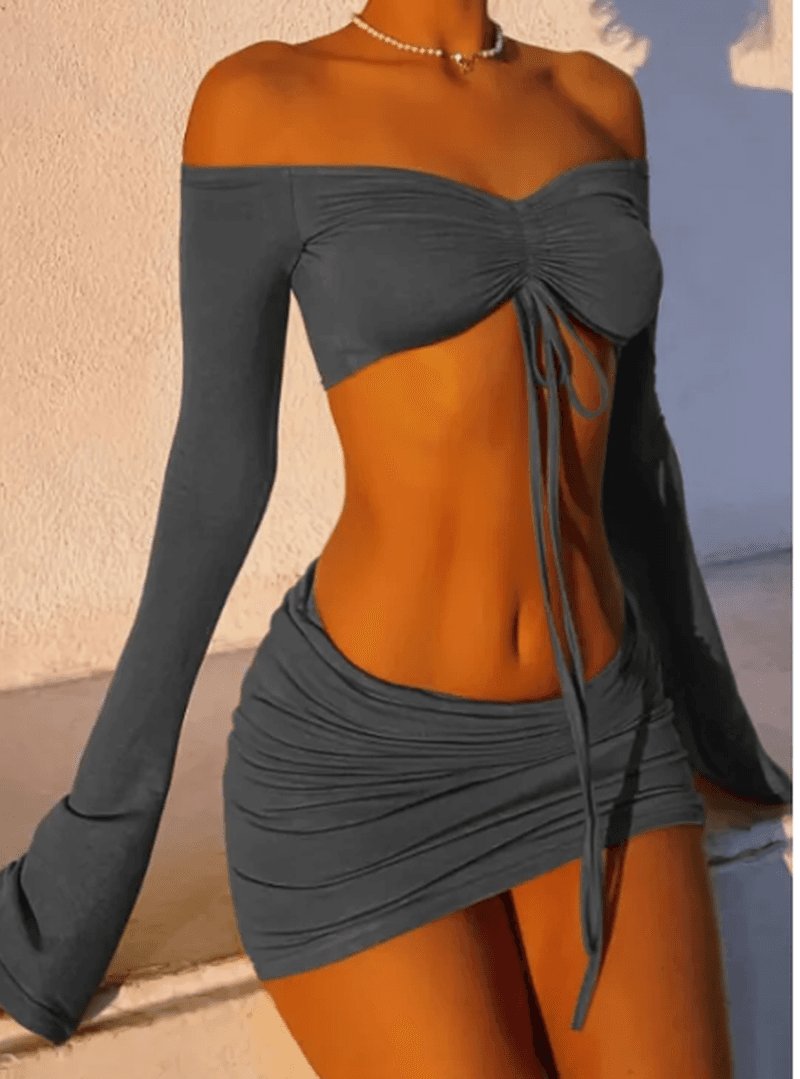 Women’s Y2K Off-Shoulder 2-Piece Set Ruched Top & Bodycon Skirt