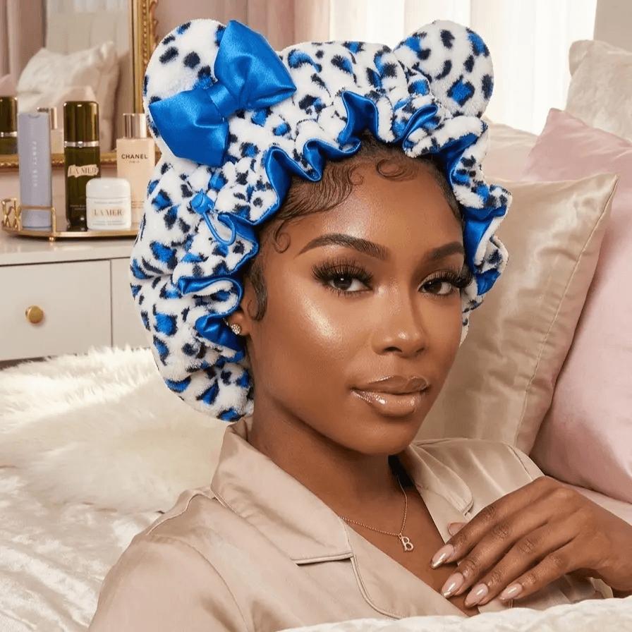Women's Hooded Sleep Bonnet – Satin Lined Teddy Hair Bonnet with Pink Leopard Print for Curly Hair, Protective Night Cap