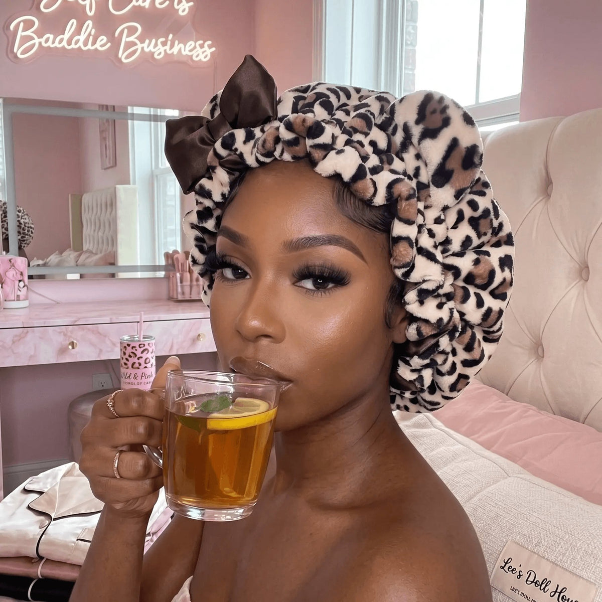 Women's Hooded Sleep Bonnet – Satin Lined Teddy Hair Bonnet with Pink Leopard Print for Curly Hair, Protective Night Cap