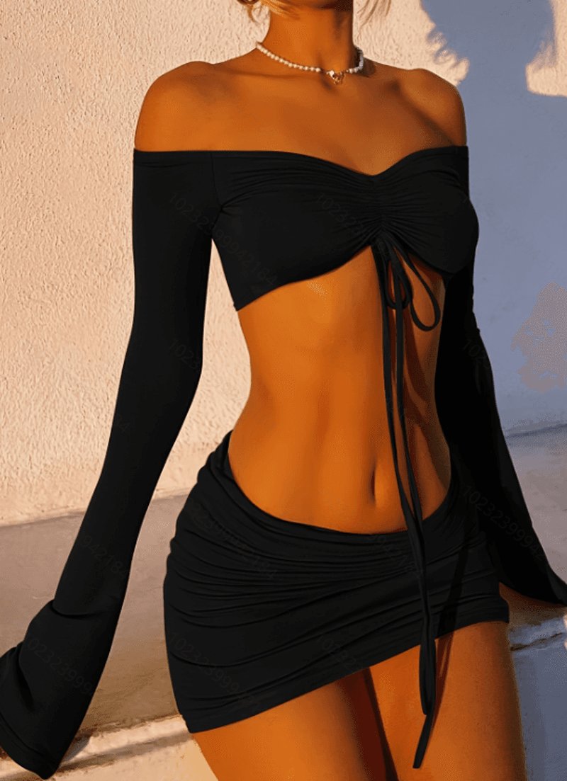 Women’s Y2K Off-Shoulder 2-Piece Set Ruched Top & Bodycon Skirt