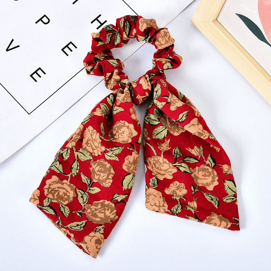 Pearl Bow Hair Tie Floral Ribbon Elastic Ponytail Hair Accessories