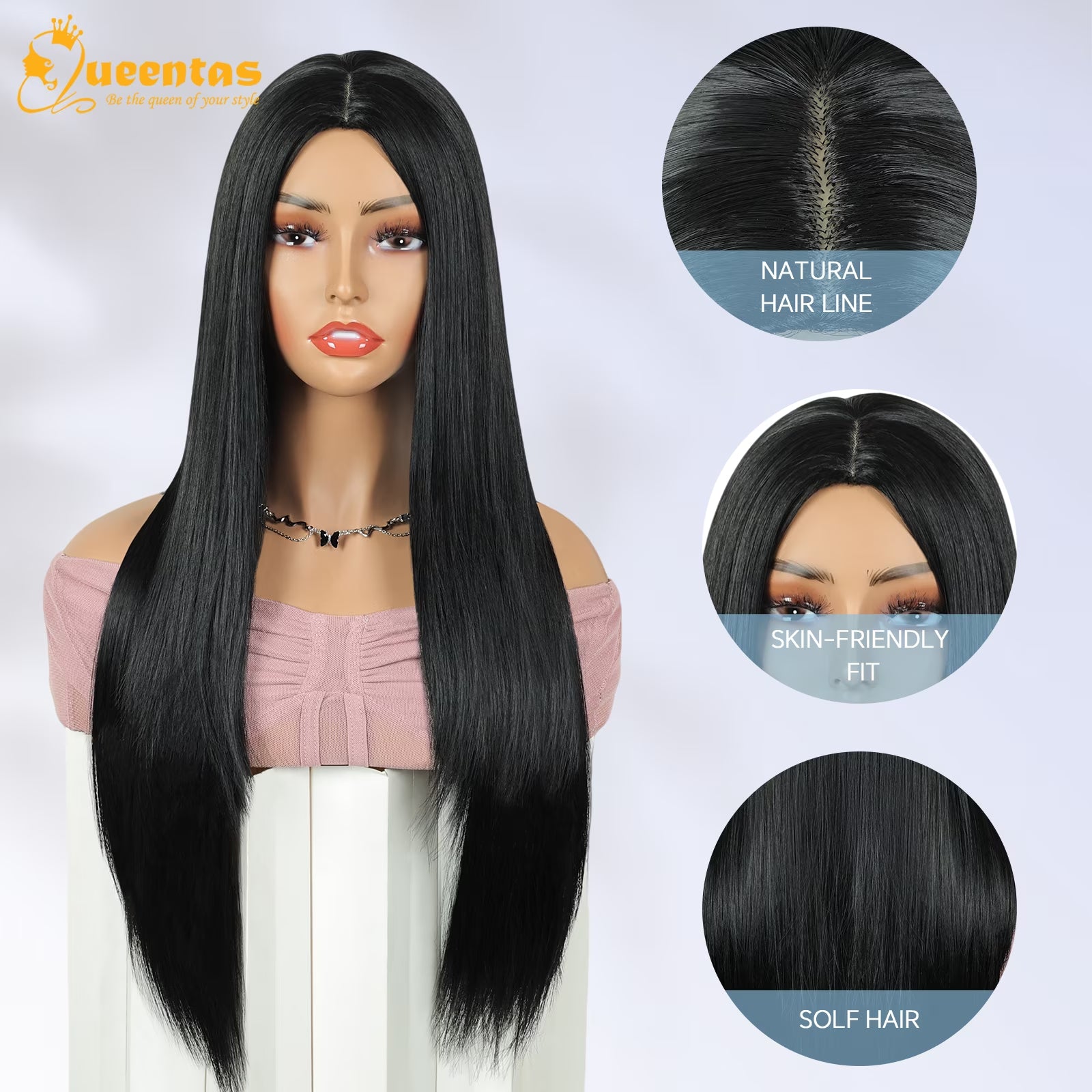 24-Inch Glueless Straight Synthetic Wig Heat-Resistant Pre-Plucked