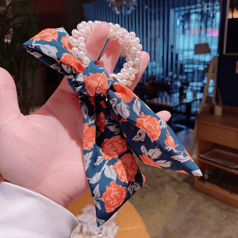 Pearl Bow Hair Tie Floral Ribbon Elastic Ponytail Hair Accessories