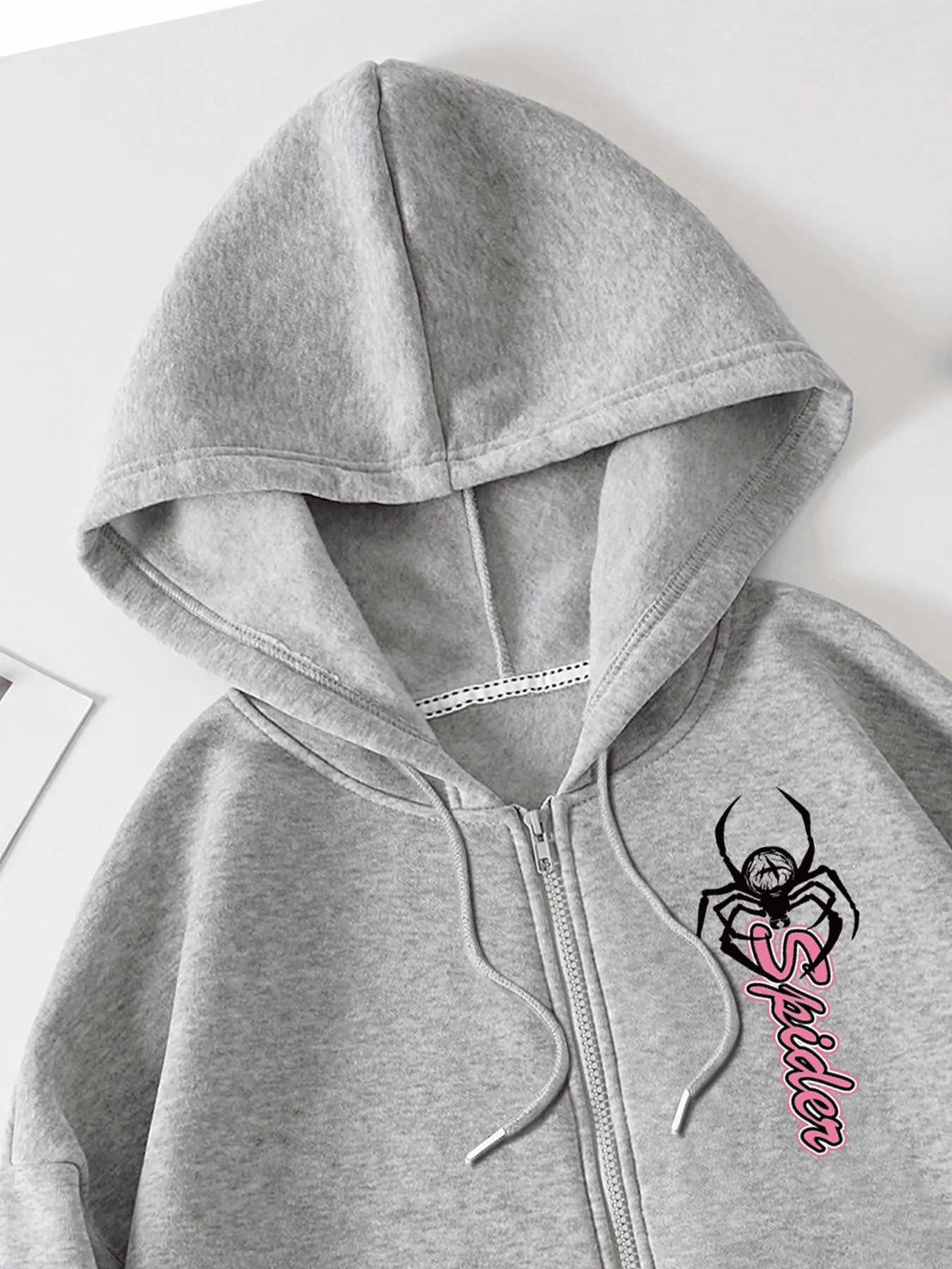 Women's Halloween Spider Print Zip-Up Hoodie – Y2K Drop Shoulder Drawstring Graphic Sweatshirt with Pockets