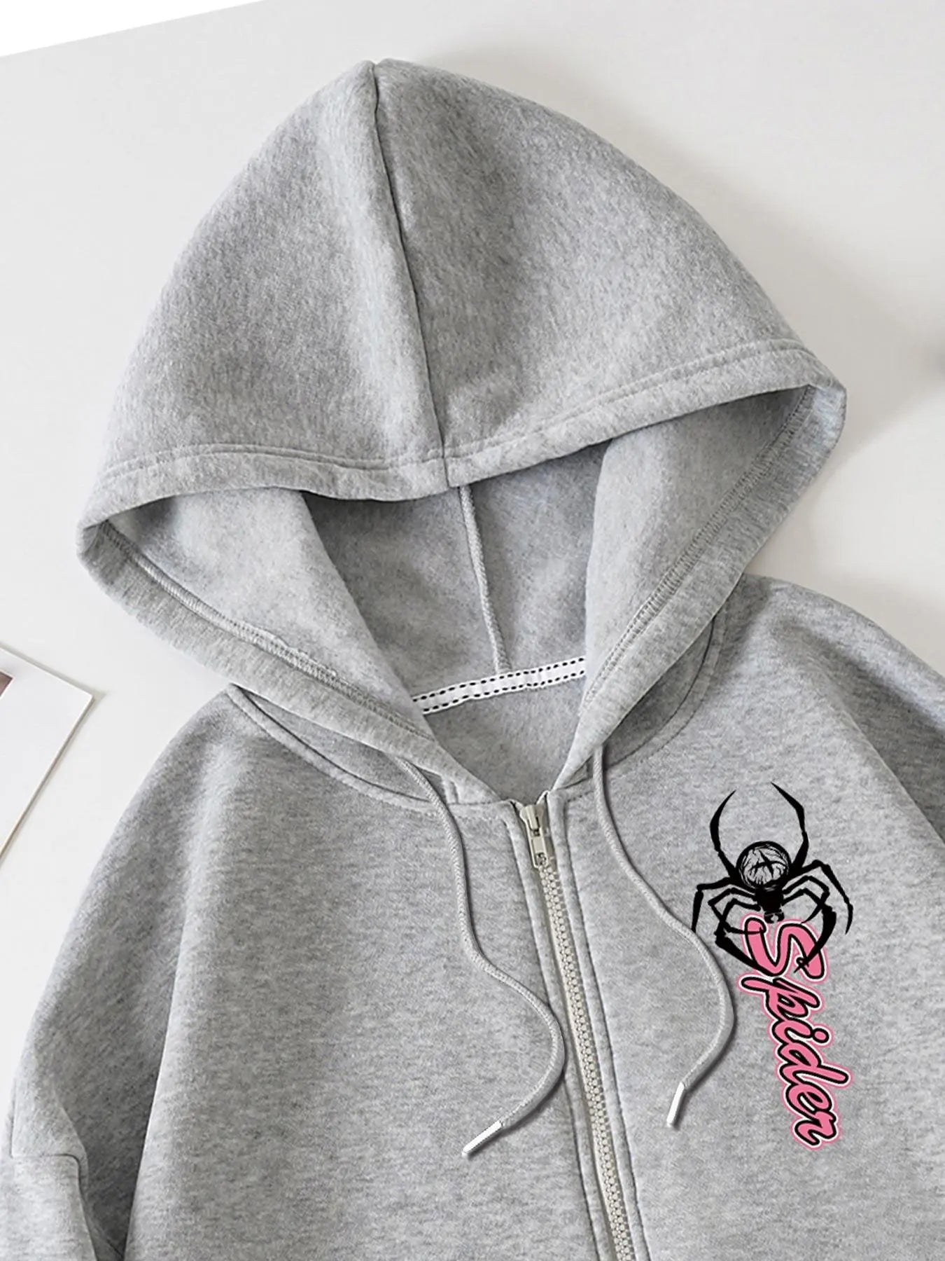 Women's Halloween Spider Print Zip-Up Hoodie – Y2K Drop Shoulder Drawstring Graphic Sweatshirt with Pockets