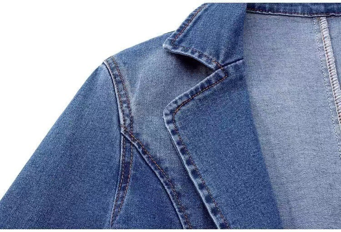 Denim Jacket Women'S Slim Fit Suit Collar Solid Color Outerwear One Button Top