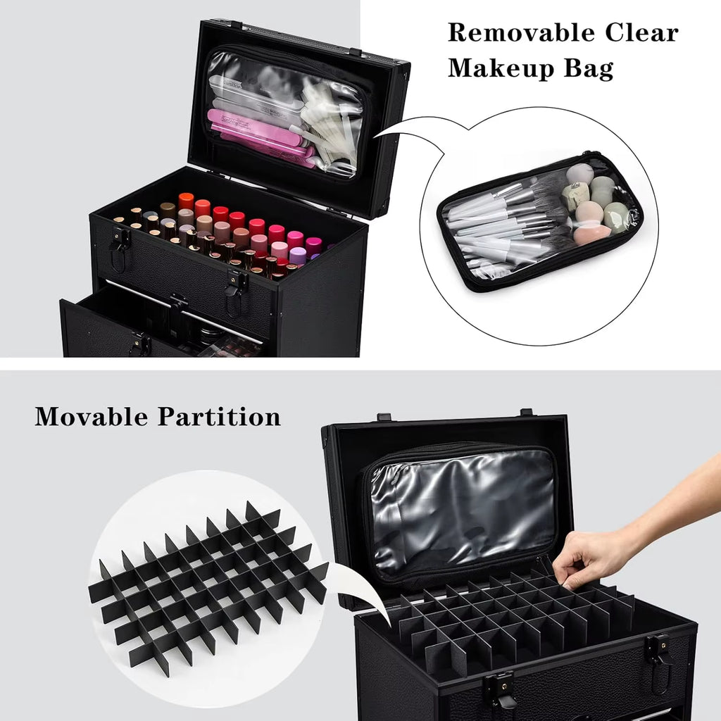 Leather Rolling Makeup Train Case with Wheels Professional Organizer