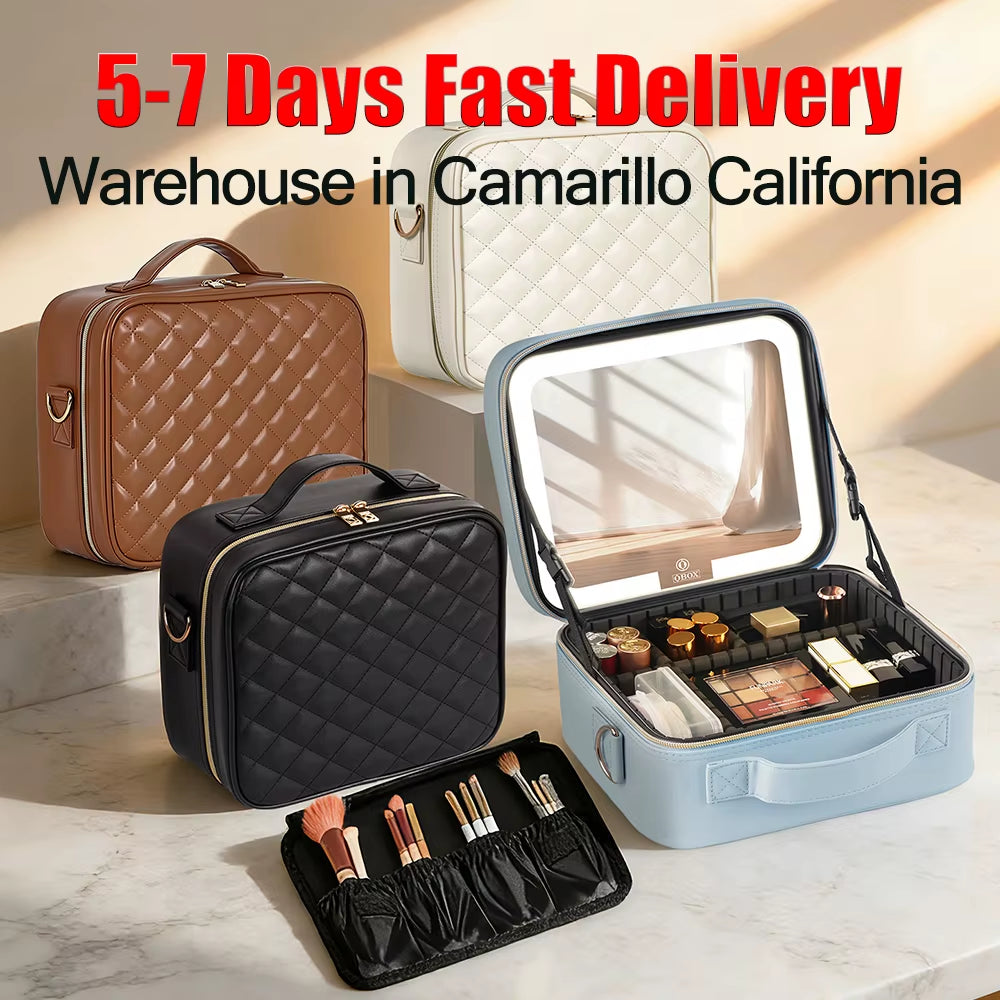 Luxury PU Makeup Bag with LED Mirror Travel Cosmetic Organizer Case