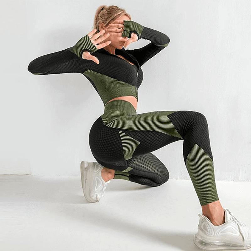 Women’s 3 Piece Seamless Yoga Set, Leggings, Crop Top & Sports Bra