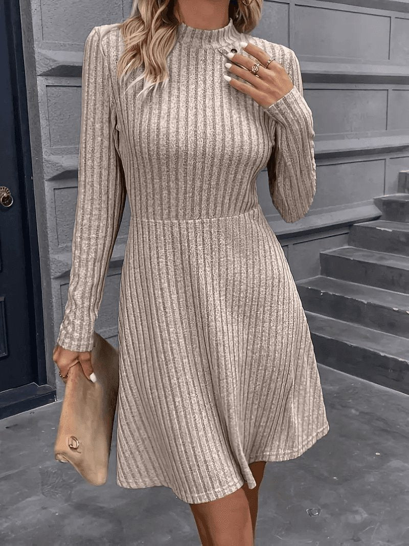 Women’s Button Detail Mock Neck A-Line Dress Long Sleeve 