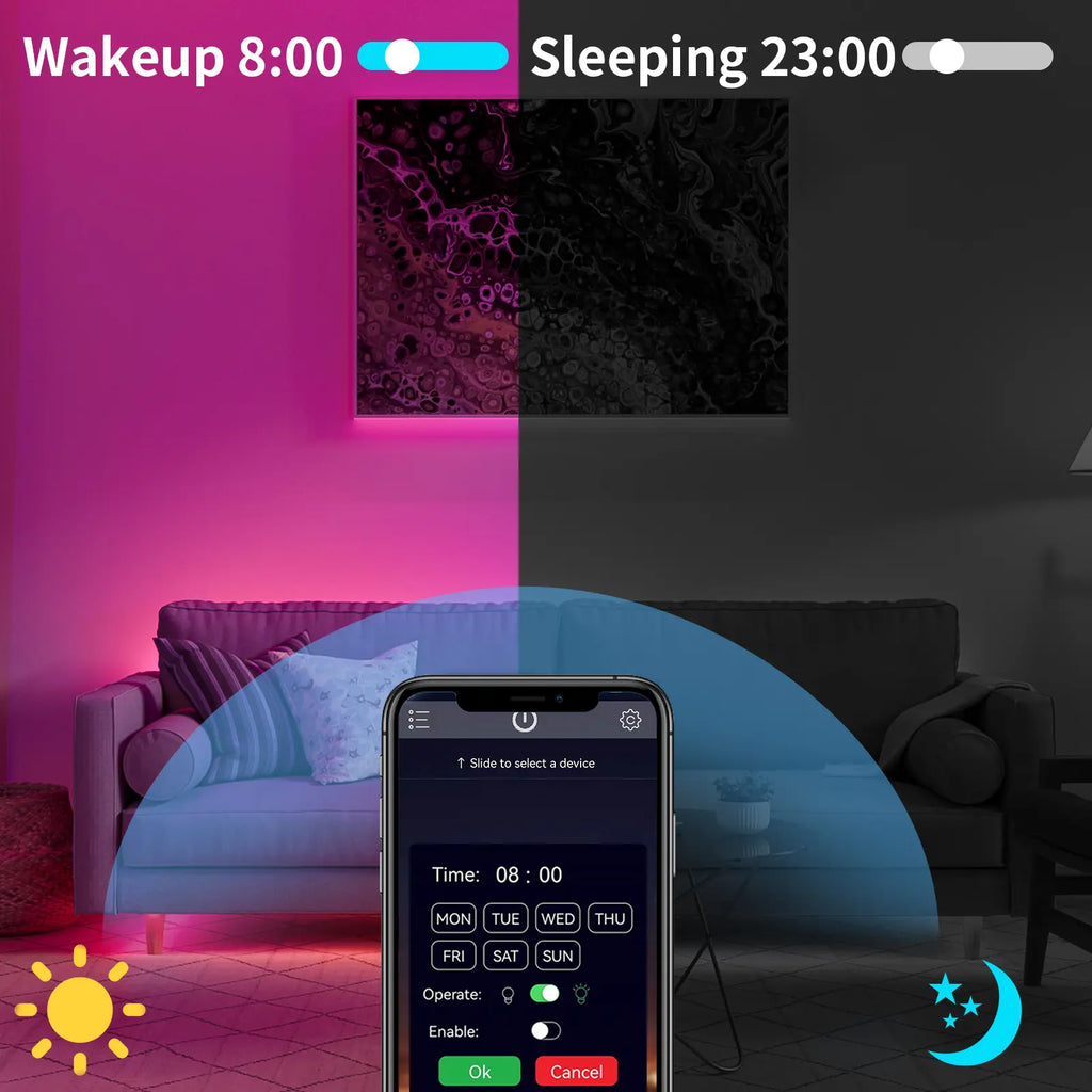 RGB LED Strip Lights with App & Remote – Bluetooth Music Sync, Timer, 50FT/100FT/200FT for Bedroom & Home Decor