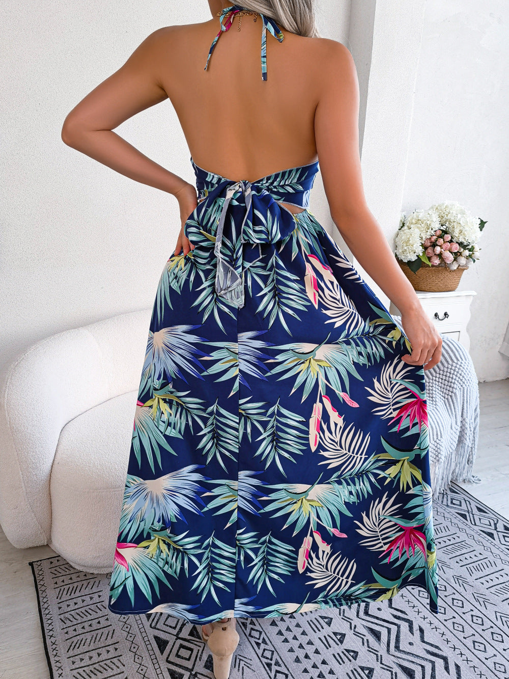 Women Floral Print Sleeveless Cutout Slip Maxi Beach Vacation Dress