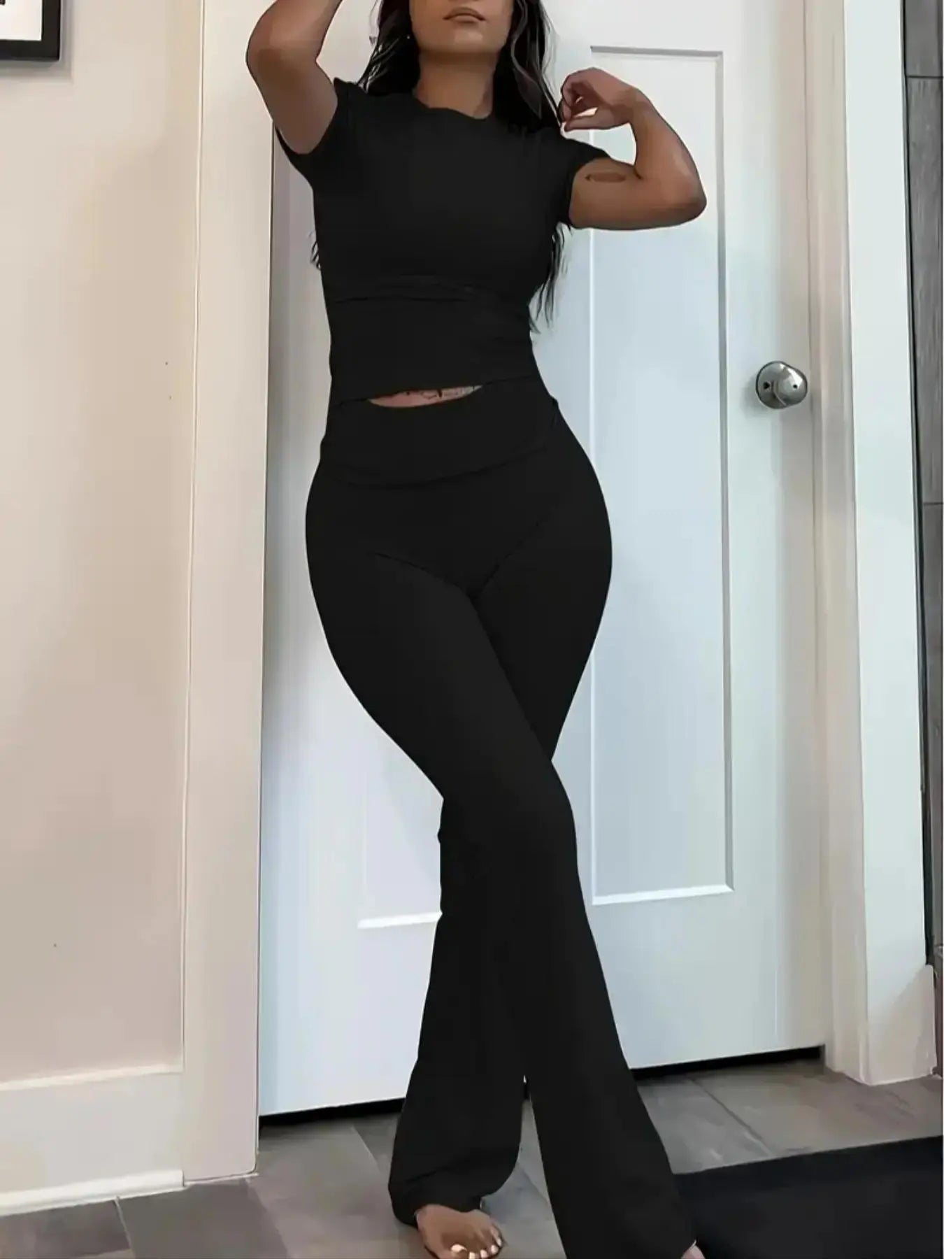 Women's Soft Lounge Set – Short Sleeve Crop Top & Flare Leg Pants Casual Loungewear Set