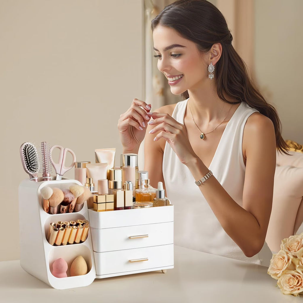 Large Makeup Organizer with Brush Holder White Vanity Storage Case