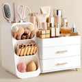 Large Makeup Organizer with Brush Holder White Vanity Storage Case