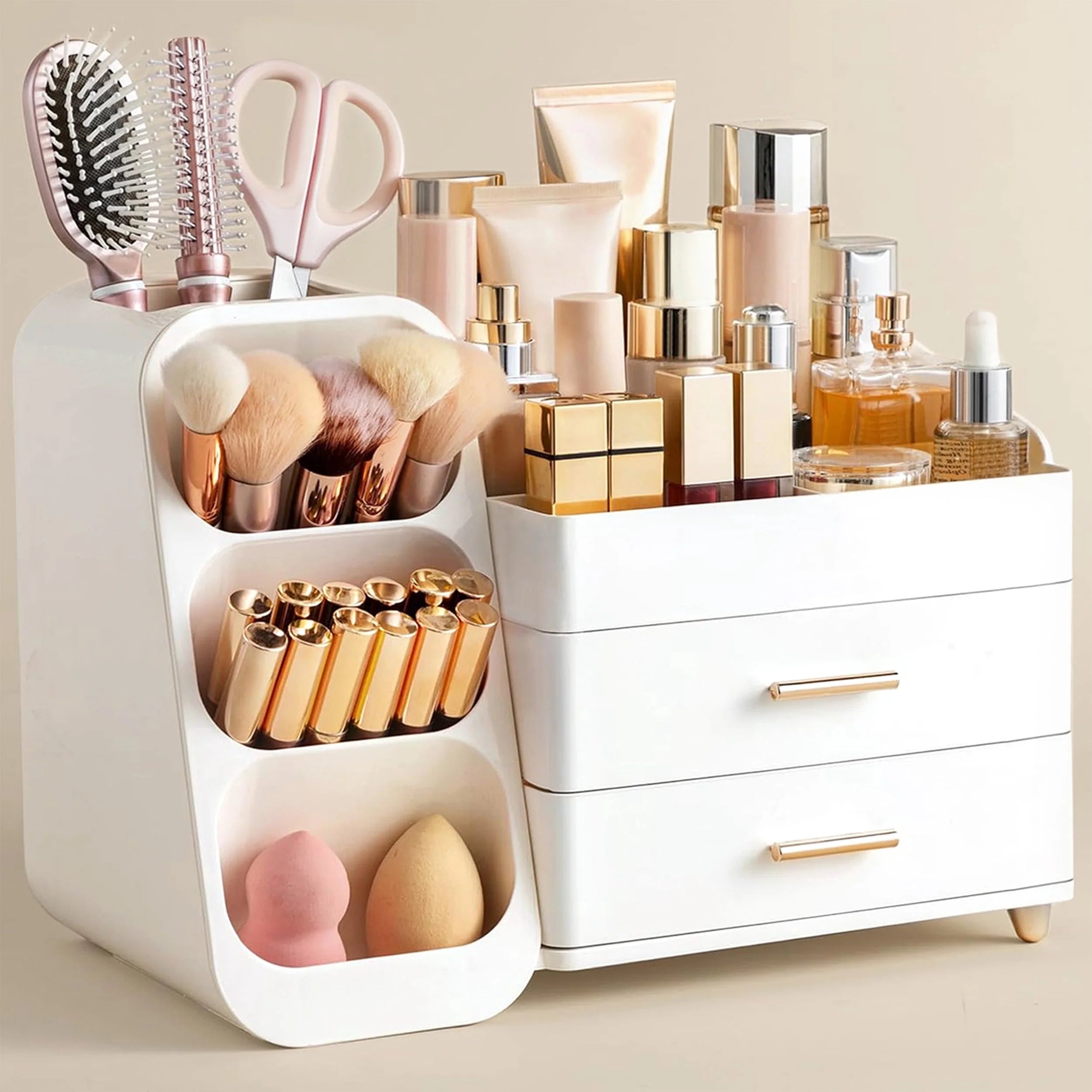 Large Makeup Organizer with Brush Holder White Vanity Storage Case