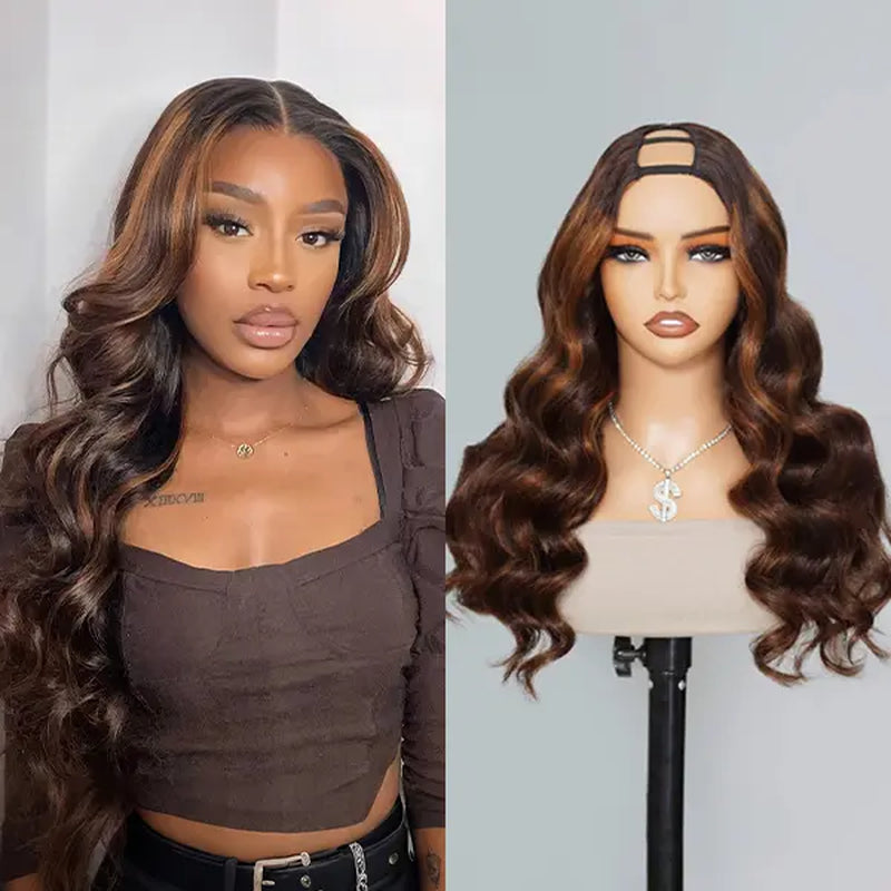 Tinashe Hair Layered U Part Wig Loose Body Wave Human Hair Wig with Highlights Glueless 180% 250% Density