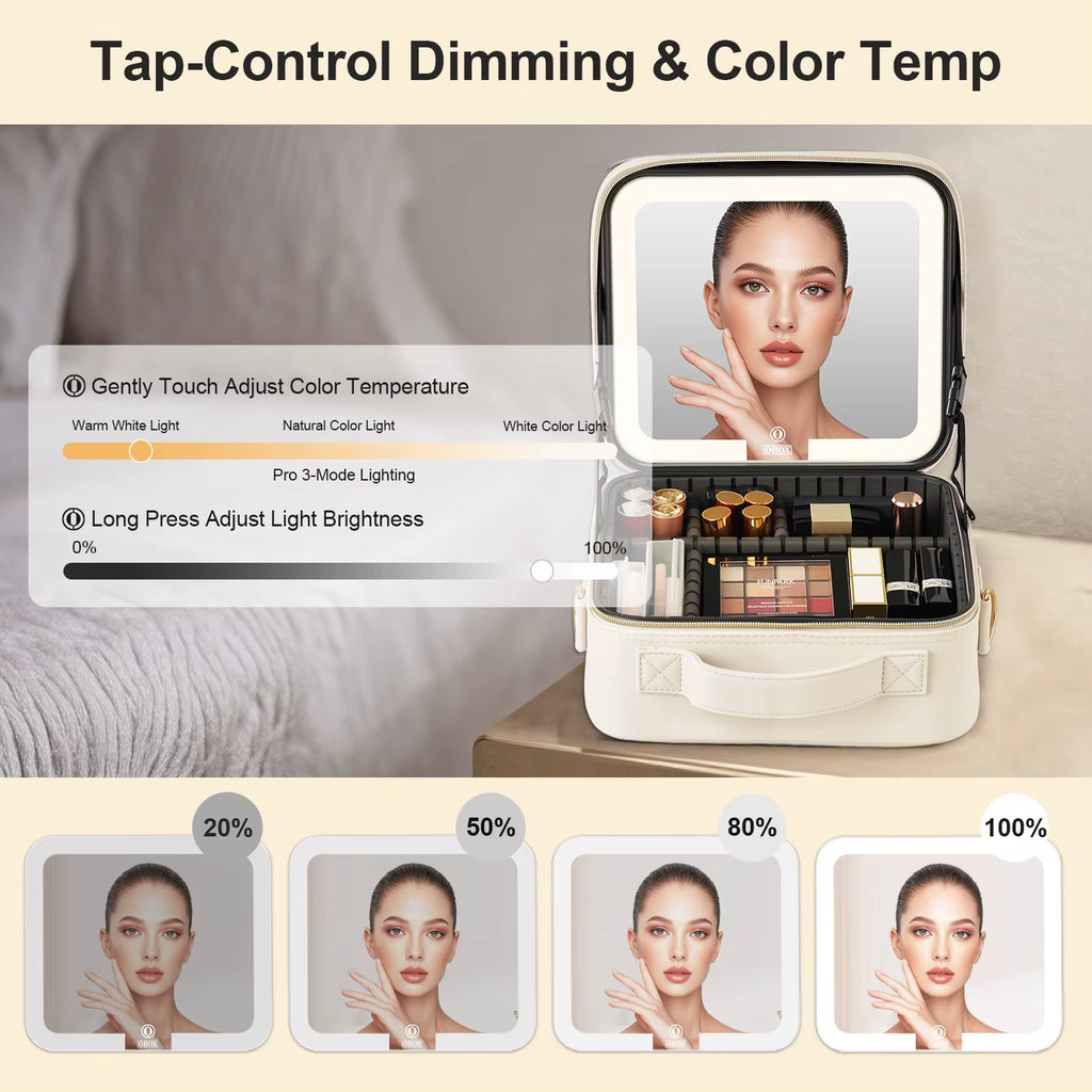 Luxury PU Makeup Bag with LED Mirror Travel Cosmetic Organizer Case