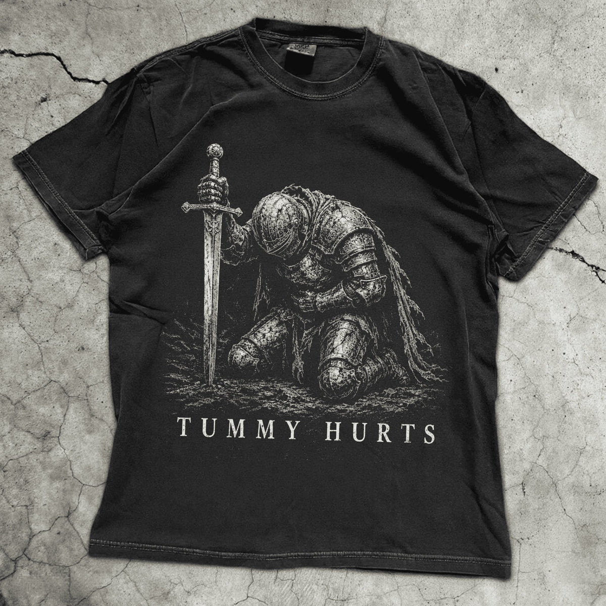 Tummy Hurts Knight Shirt Funny Dark Fantasy Graphic Meme T-Shirt
