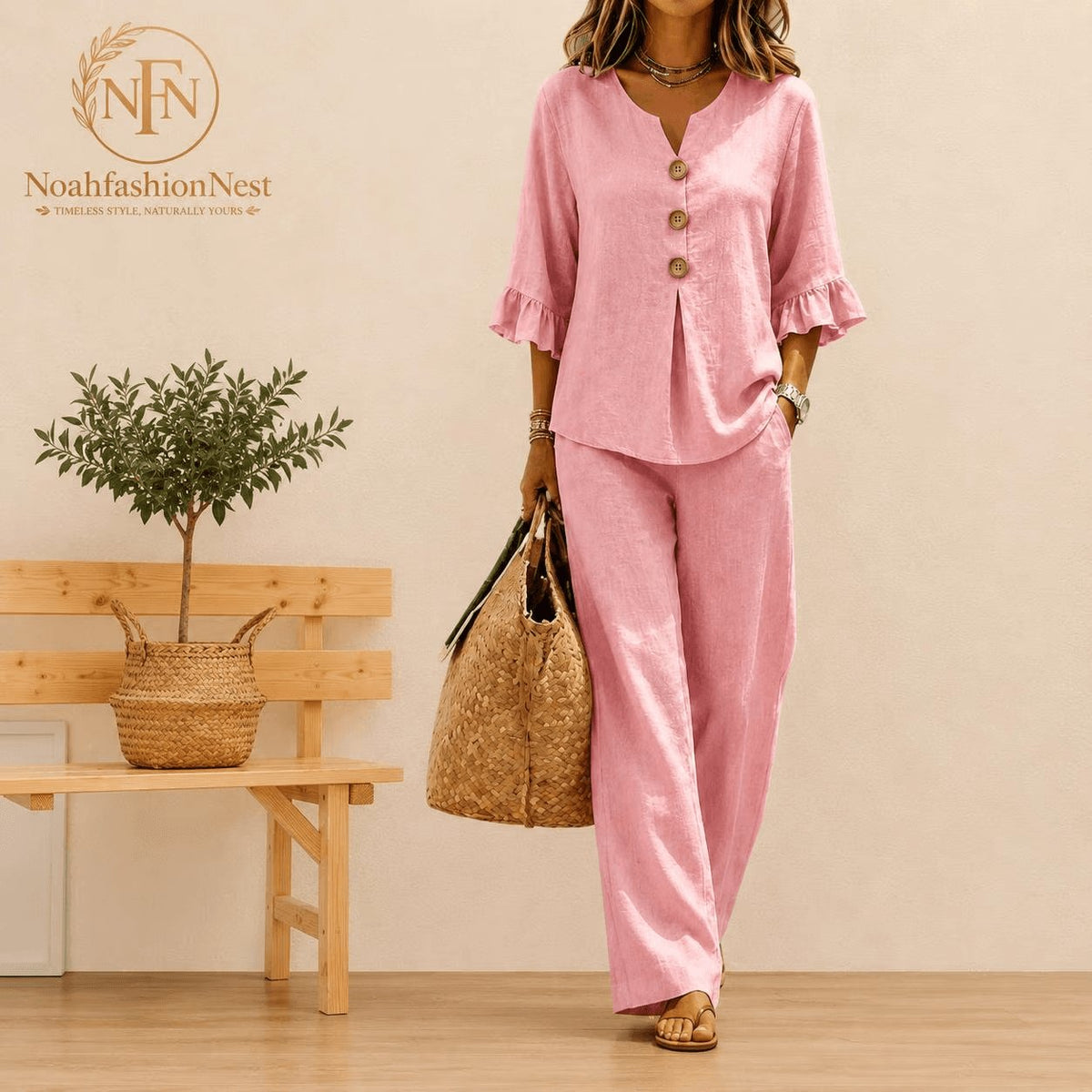 Women's Two Piece Lounge Set V-Neck Top & Wide Leg Pants Outfit