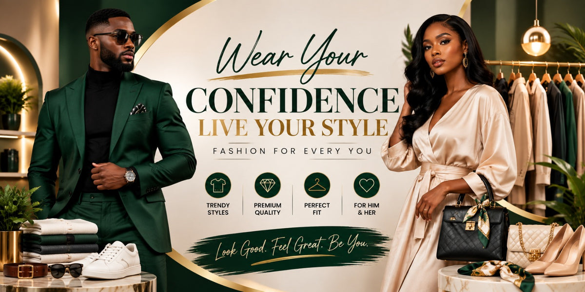 A promotional fashion banner featuring a man in a dark green suit and a woman in a cream satin robe, set against a boutique interior with clothing racks and a large central text graphic reading 'Wear Your CONFIDENCE LIVE YOUR STYLE'.