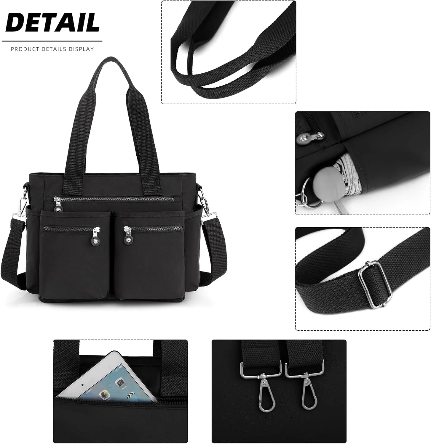 Women's Large Nylon Tote Bag Multiple Pockets Crossbody Work Bag