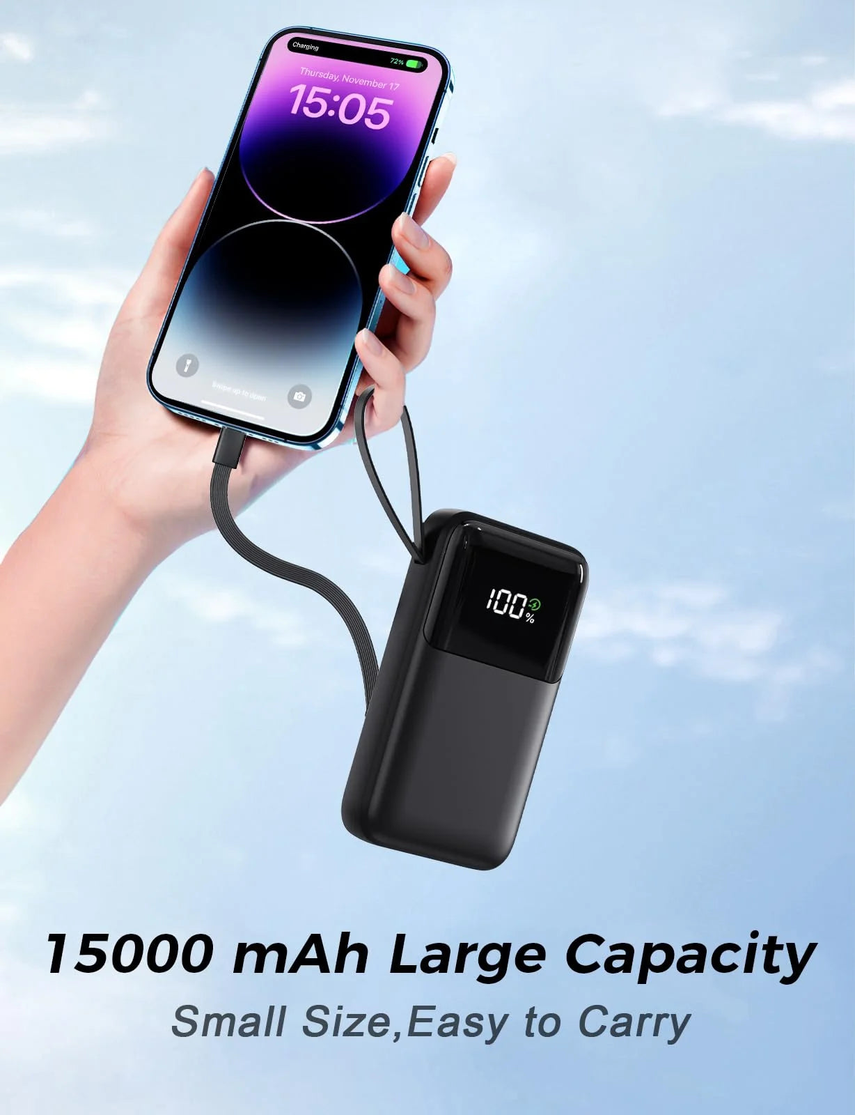 15,000mAh Power Bank 22.5W Fast Charging Built-In Cable LED Display