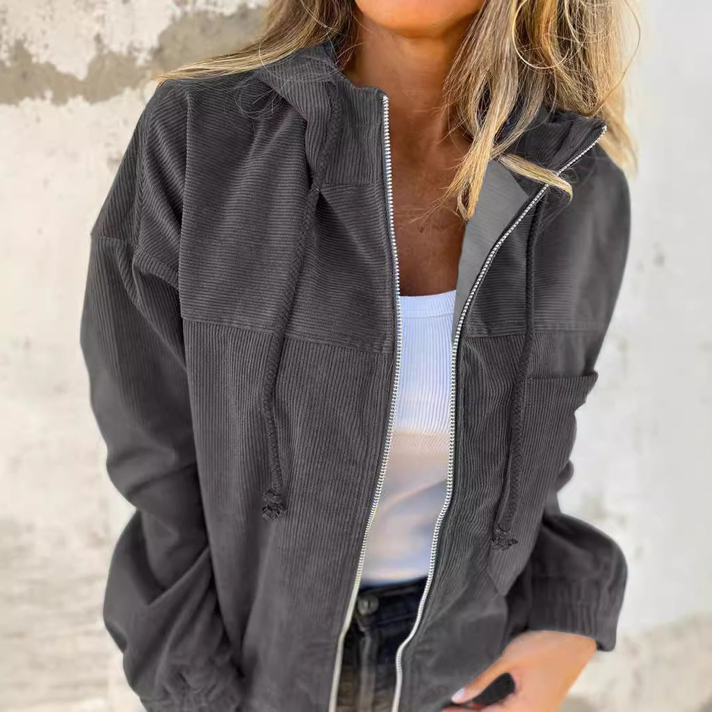 Solid Color Women'S Corduroy Hooded Jacket