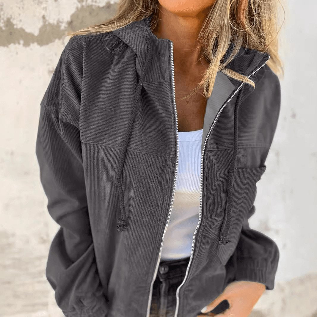 Solid Color Women'S Corduroy Hooded Jacket