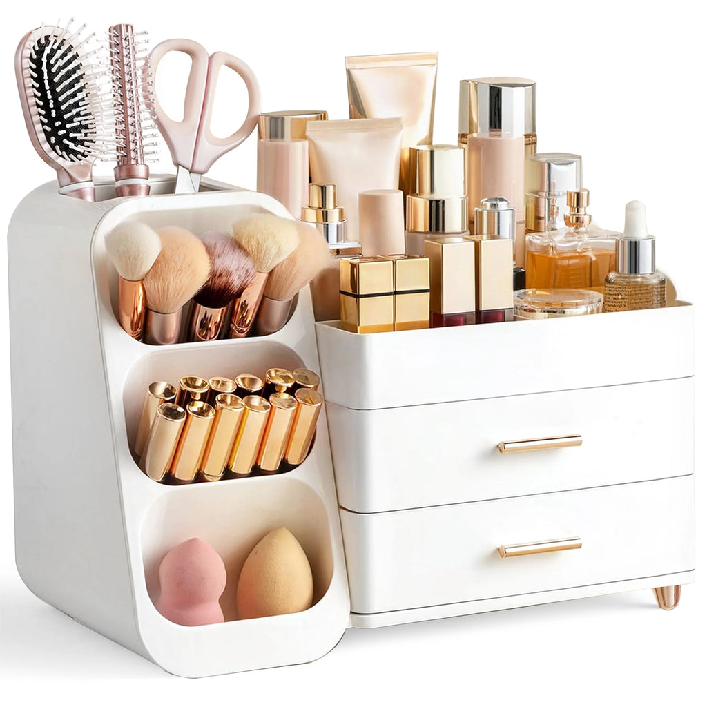 Large Makeup Organizer with Brush Holder White Vanity Storage Case