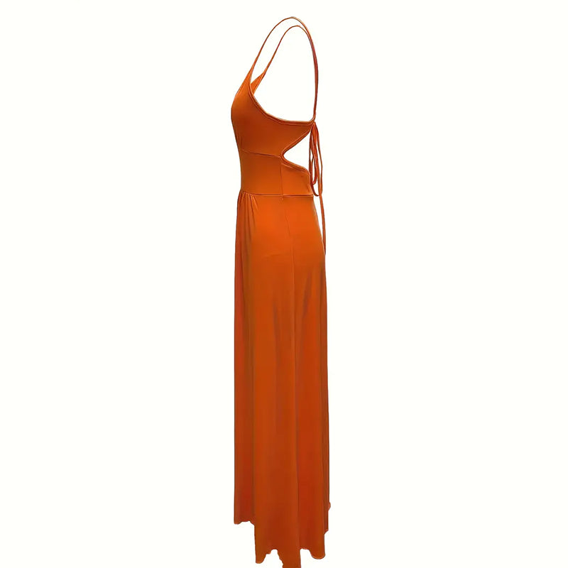 Women's Deep V-Neck Maxi Dress Sleeveless High Slit Backless Gown