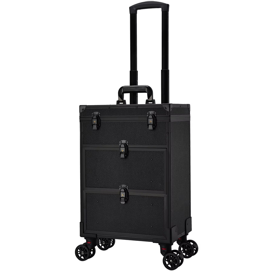 Leather Rolling Makeup Train Case with Wheels Professional Organizer