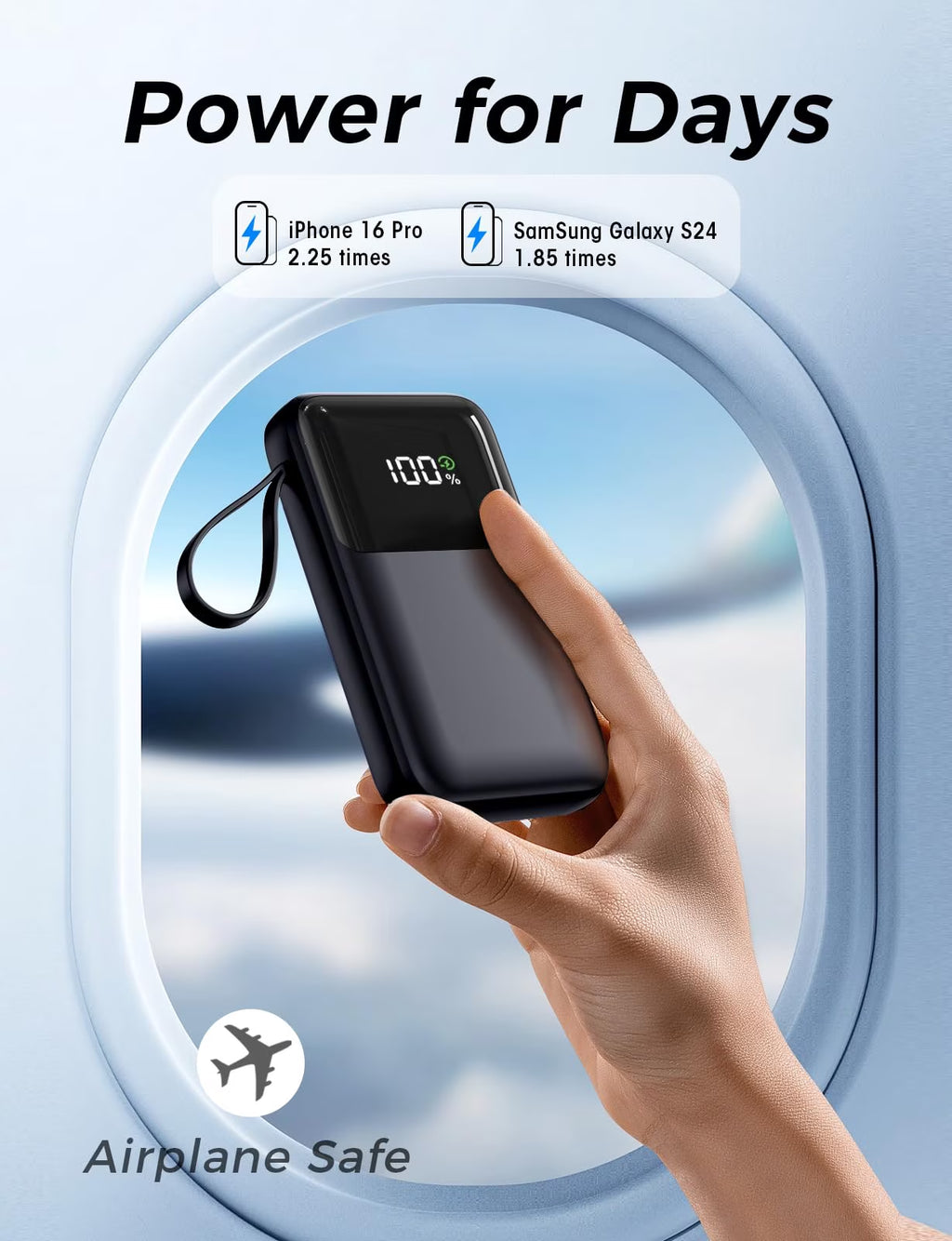 15,000mAh Power Bank 22.5W Fast Charging Built-In Cable LED Display