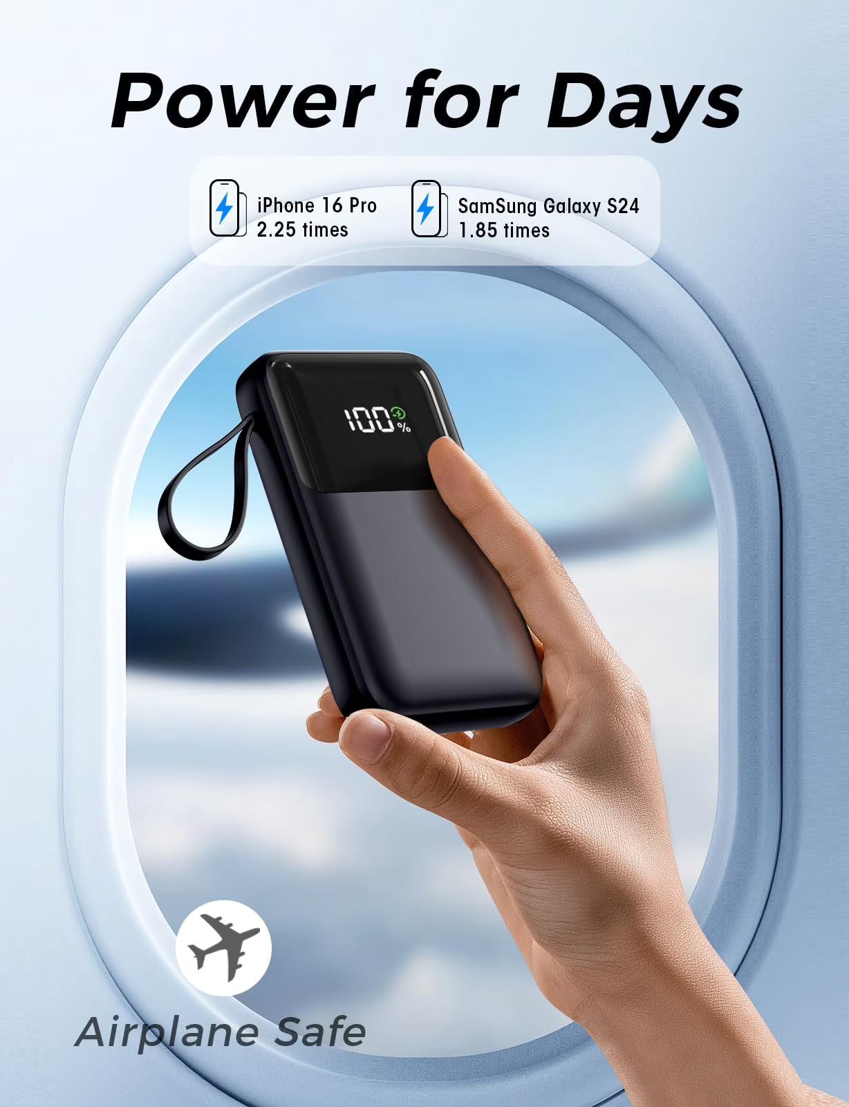 15,000mAh Power Bank 22.5W Fast Charging Built-In Cable LED Display
