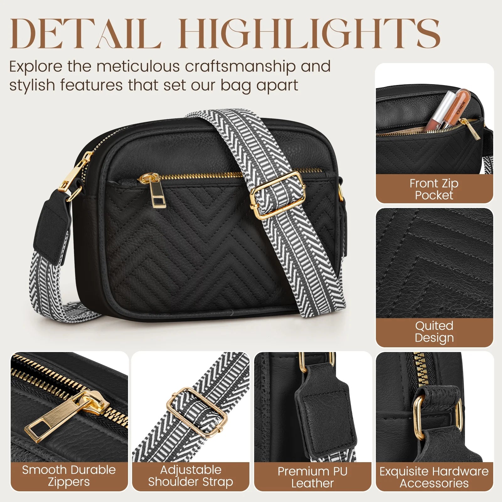 Women's Quilted Crossbody Bag Vegan Leather Wide Strap Shoulder Bag