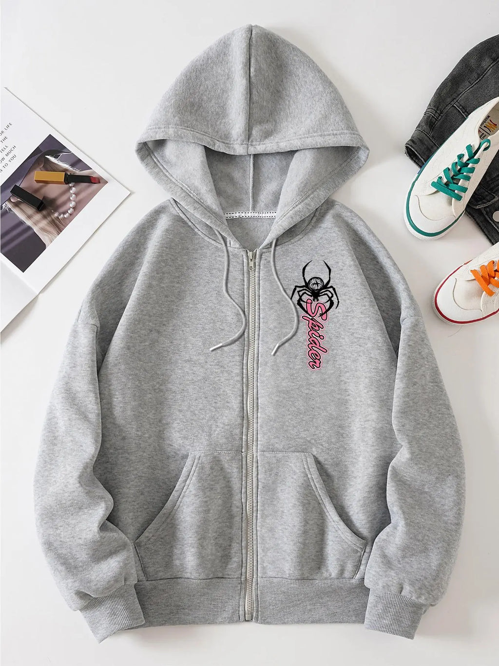 Women's Halloween Spider Print Zip-Up Hoodie – Y2K Drop Shoulder Drawstring Graphic Sweatshirt with Pockets