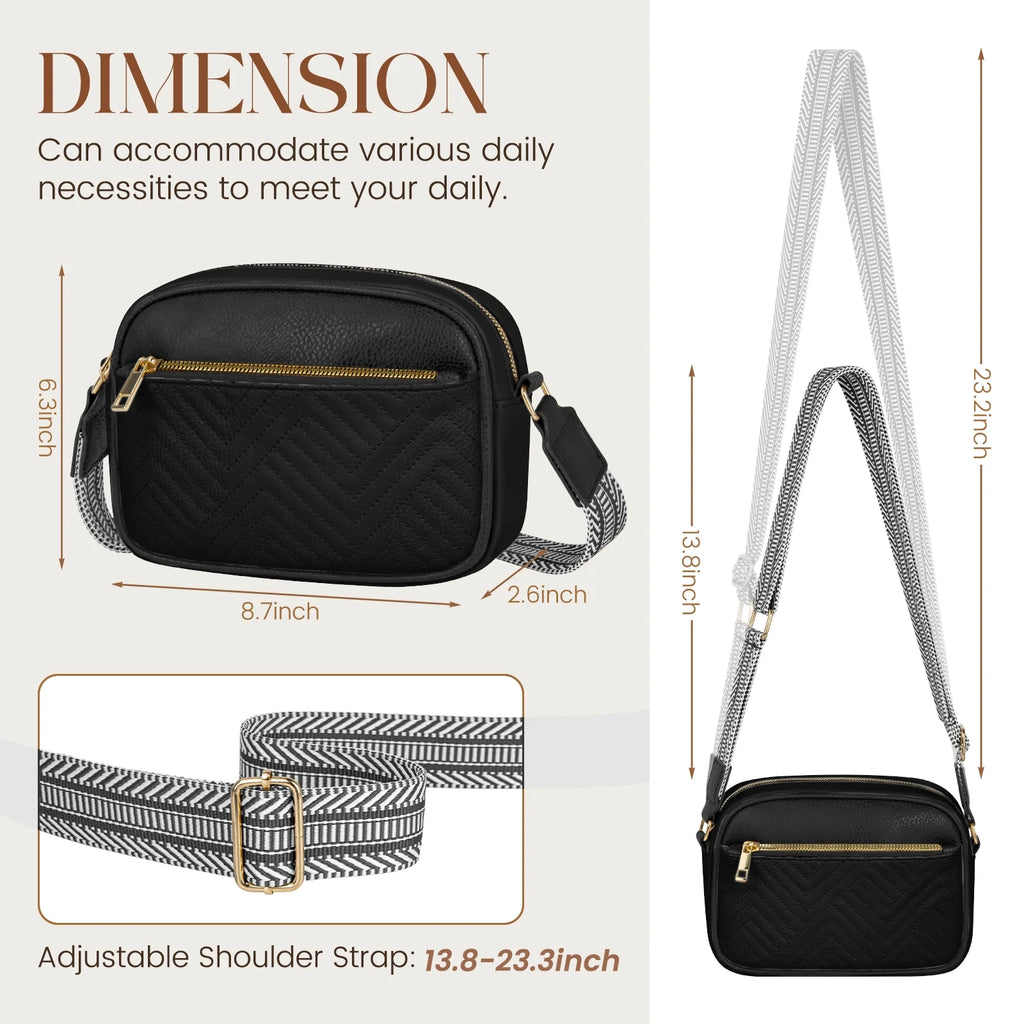 Women's Quilted Crossbody Bag Vegan Leather Wide Strap Shoulder Bag