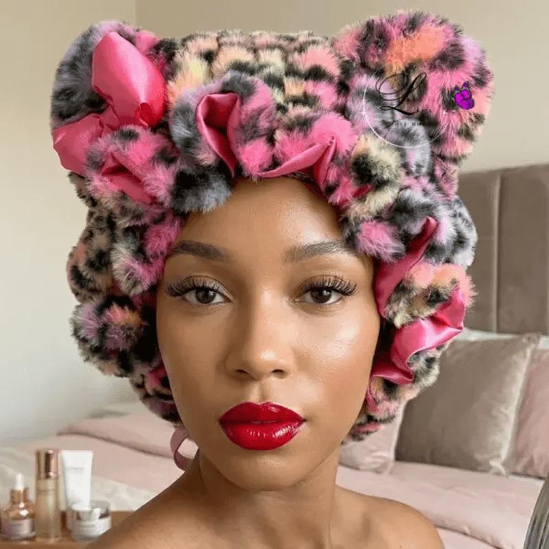 Women's Hooded Sleep Bonnet – Satin Lined Teddy Hair Bonnet with Pink Leopard Print for Curly Hair, Protective Night Cap