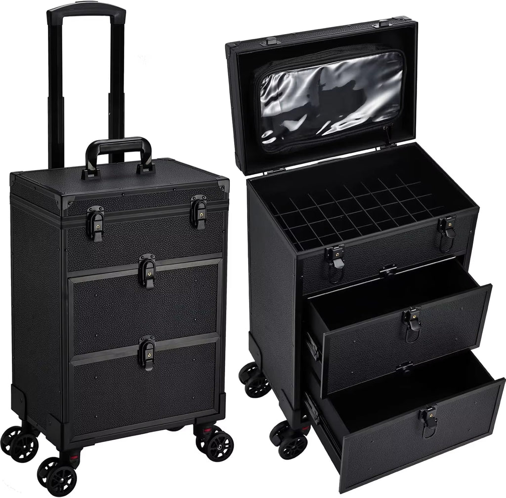 Leather Rolling Makeup Train Case with Wheels Professional Organizer
