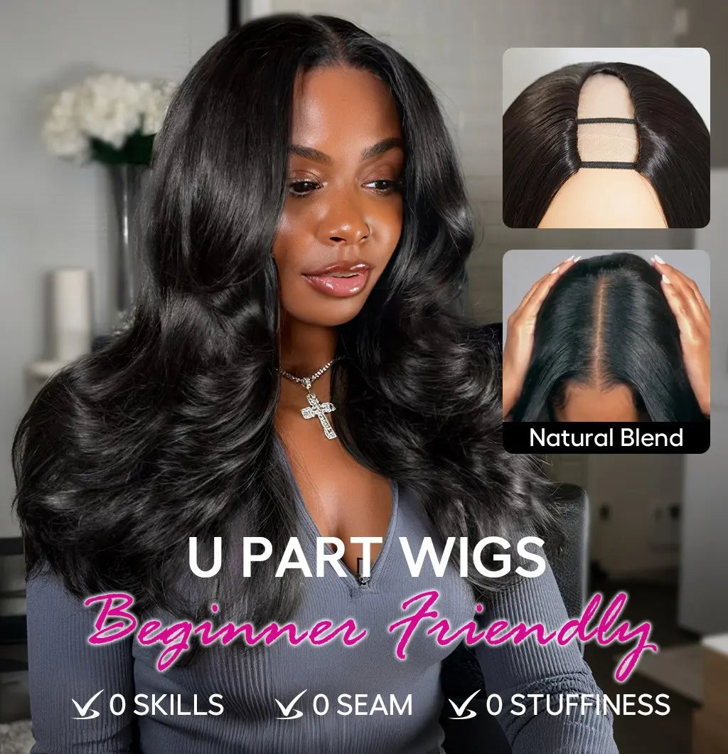 Tinashe Hair Layered U Part Wig Loose Body Wave Human Hair Wig with Highlights Glueless 180% 250% Density