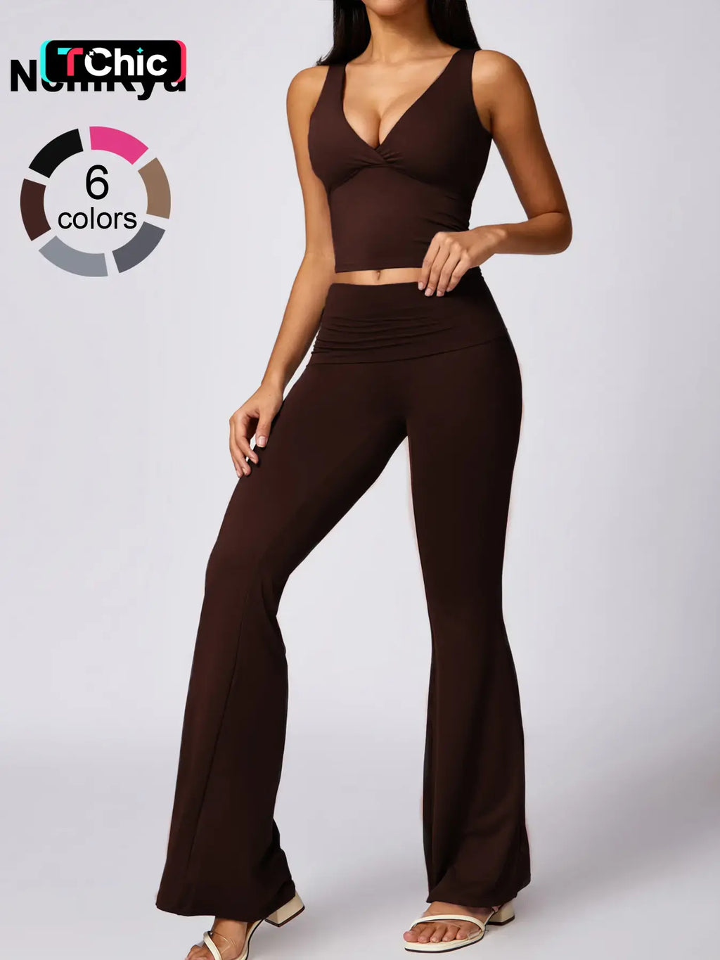 Women's Deep V-Neck Sports Bra & Flare Leggings Set – High-Waist Yoga Workout Athleisure Outfit
