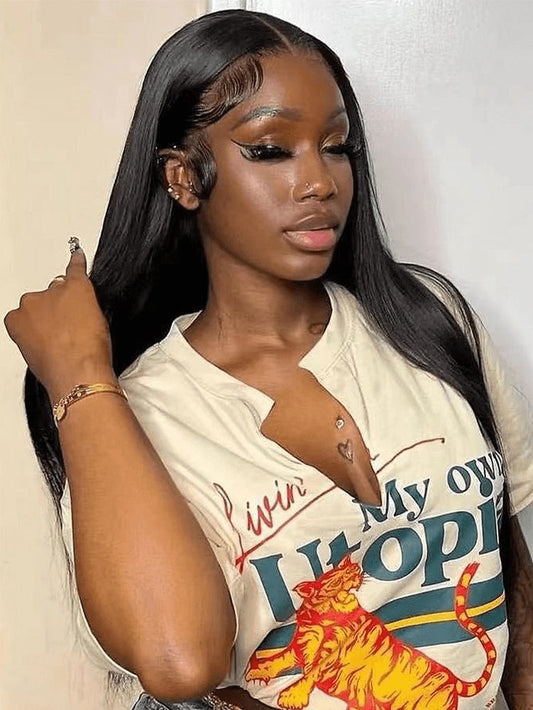 Black Medium Long Straight Hair Chemical Fiber T-Shaped Front Lace Wig