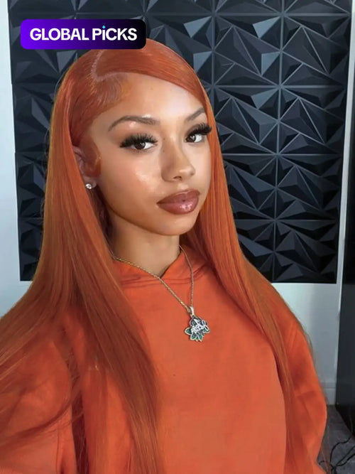 28-Inch Orange Straight Glueless Lace Front Wig – Long Synthetic Hair Wig for Women, Fluffy HD Lace Front