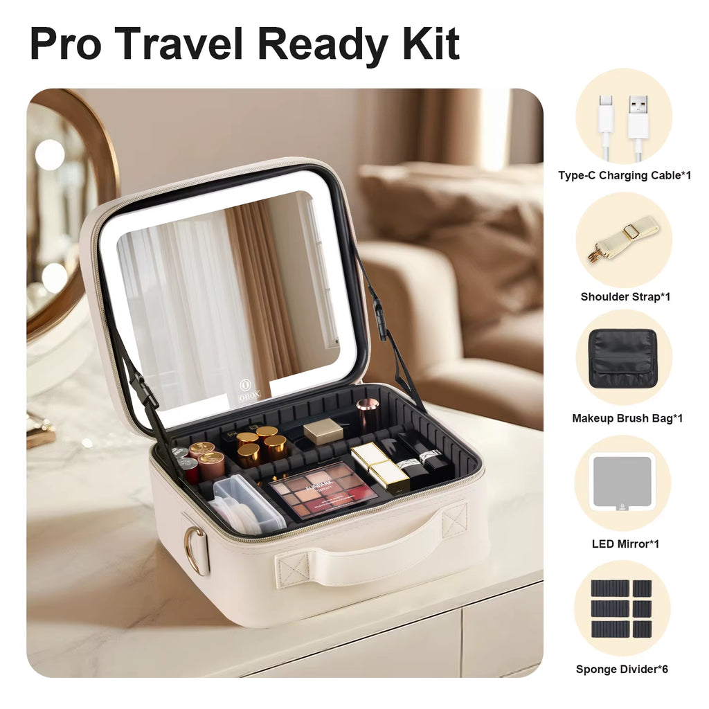 Luxury PU Makeup Bag with LED Mirror Travel Cosmetic Organizer Case