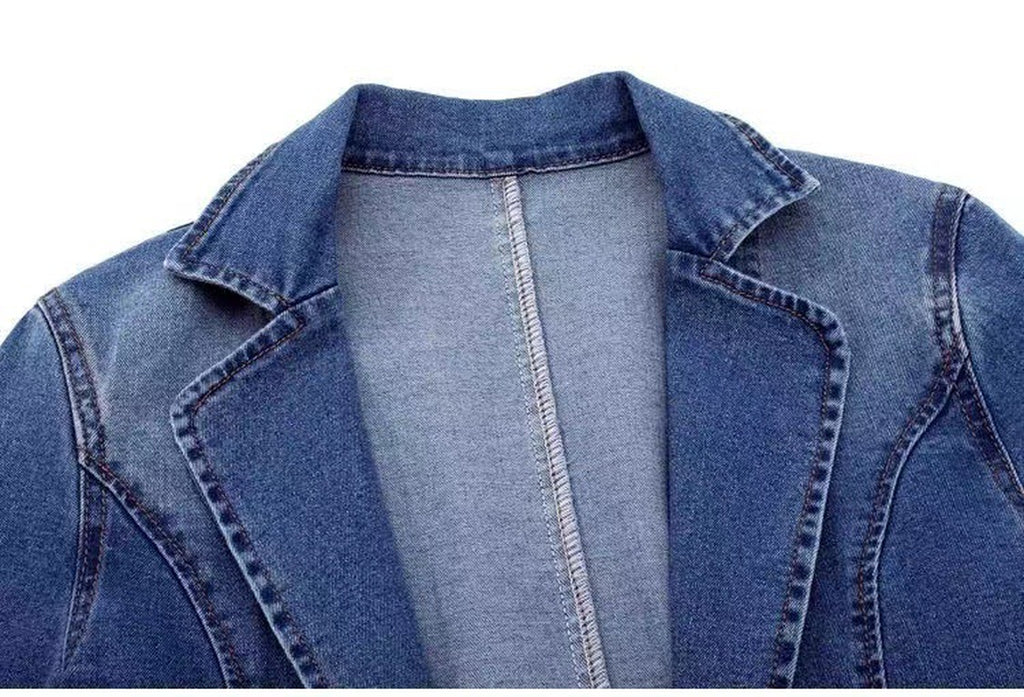 Denim Jacket Women'S Slim Fit Suit Collar Solid Color Outerwear One Button Top