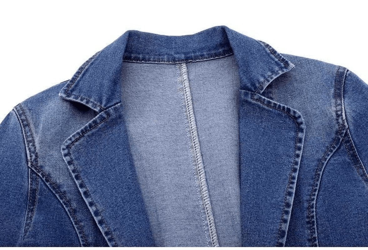 Denim Jacket Women'S Slim Fit Suit Collar Solid Color Outerwear One Button Top